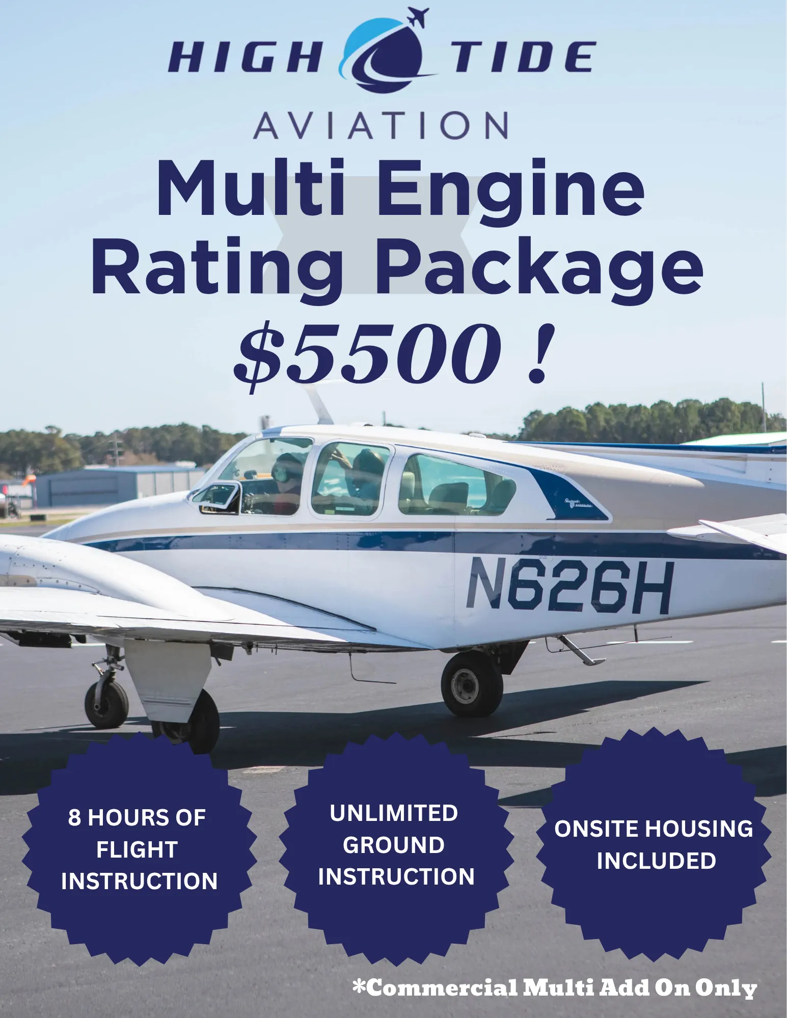 High Tide Aviation Multi-Engine Rating Package flyer showing the $5,500 price, 8 hours of flight instruction, unlimited ground instruction, and onsite housing
